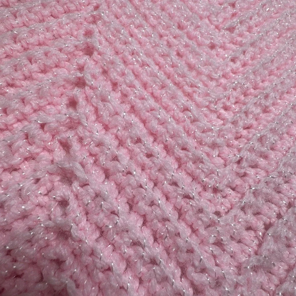 Vintage Crochet Throw Blanket Handmade Pink Chevron Ripple Afghan Shimmer Fringe